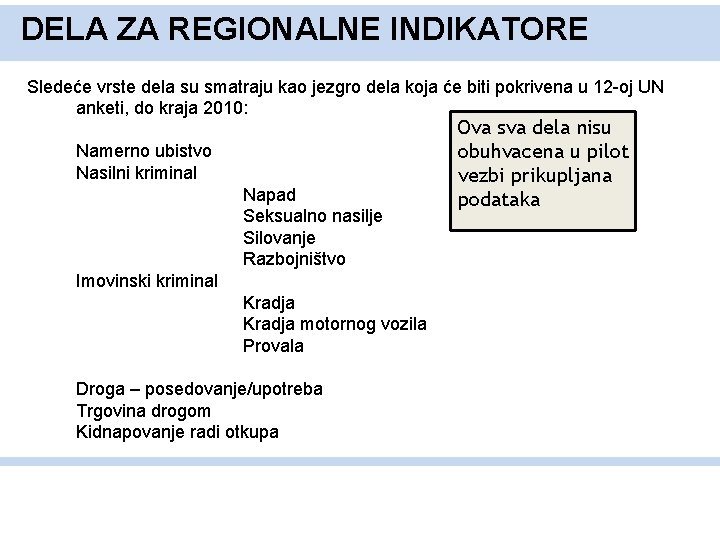 DELA ZA REGIONALNE INDIKATORE Sledeće vrste dela su smatraju kao jezgro dela koja će