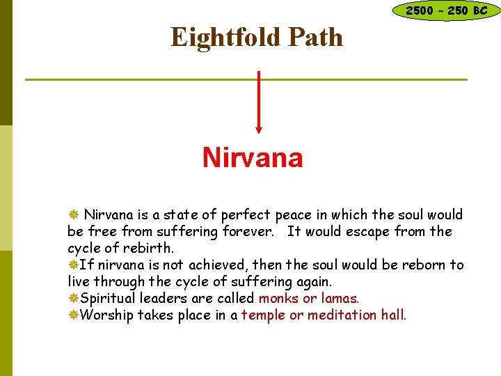 2500 – 250 BC Eightfold Path Nirvana ] Nirvana is a state of perfect