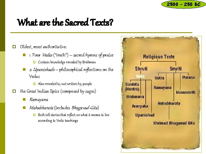 2500 – 250 BC What are the Sacred Texts? p Oldest, most authoritative: n