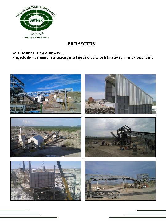 PROYECTOS Calhidra de Sonora S. A. de C. V. Proyecto de Inversión : Fabricación