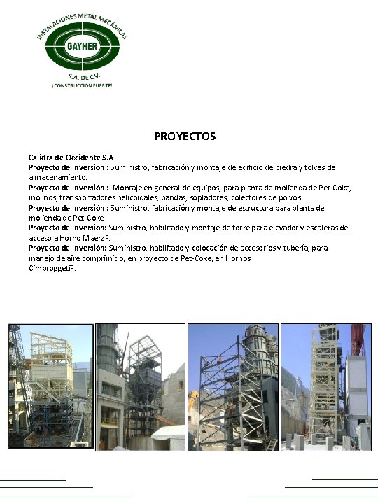 PROYECTOS Calidra de Occidente S. A. Proyecto de Inversión : Suministro, fabricación y montaje