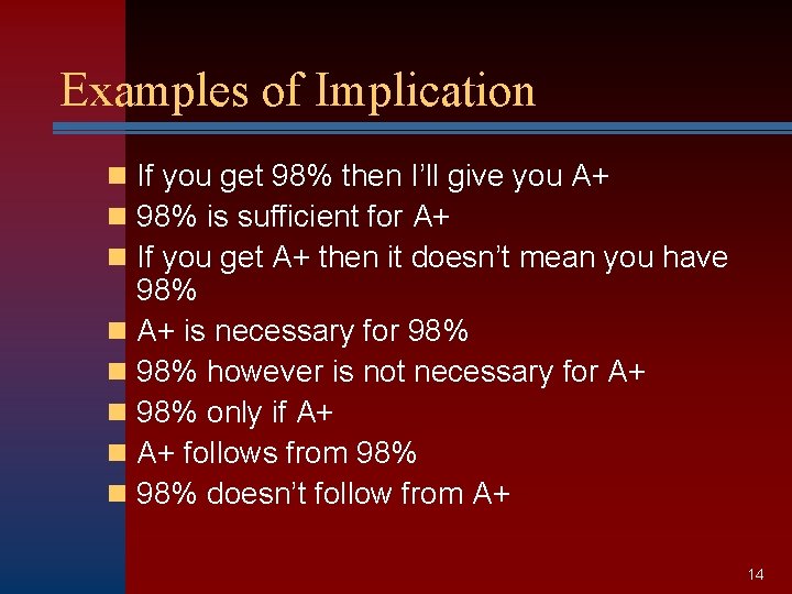 Examples of Implication n If you get 98% then I’ll give you A+ n