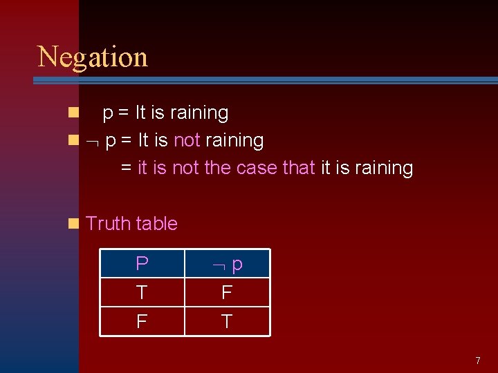 Negation p = It is raining n p = It is not raining =