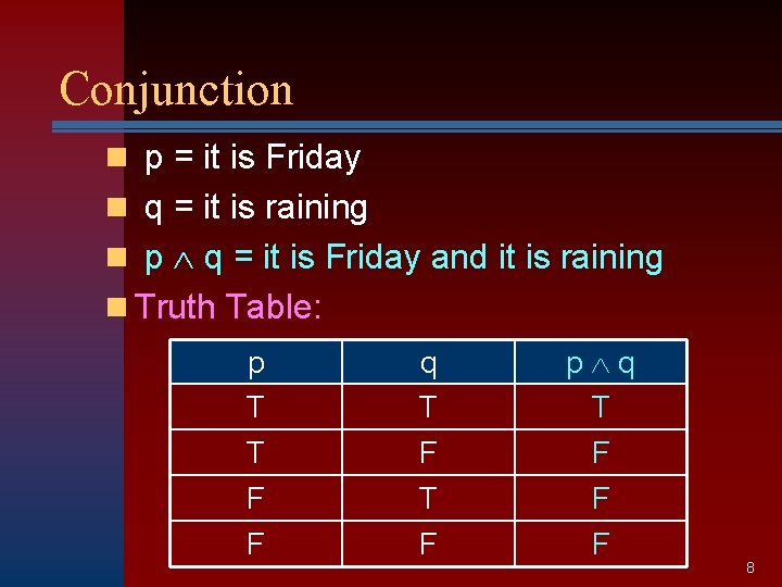 Conjunction n p = it is Friday n q = it is raining n