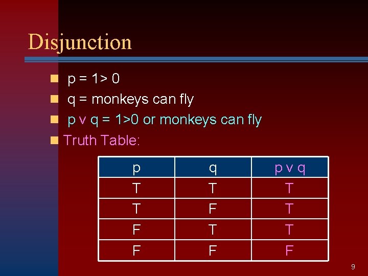 Disjunction n p = 1> 0 n q = monkeys can fly n p