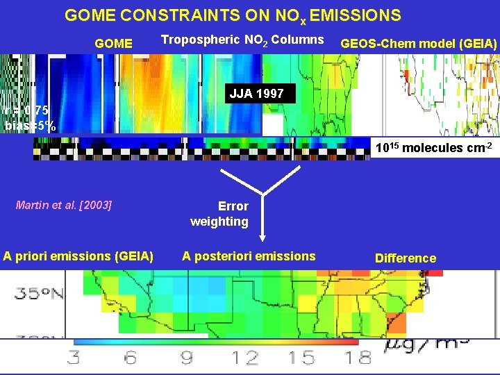 GOME CONSTRAINTS ON NOx EMISSIONS GOME Tropospheric NO 2 Columns GEOS-Chem model (GEIA) JJA GOME CONSTRAINTS ON NOx EMISSIONS GOME Tropospheric NO 2 Columns GEOS-Chem model (GEIA) JJA