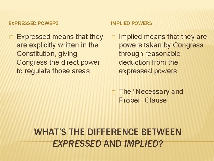 EXPRESSED POWERS � Expressed means that they are explicitly written in the Constitution, giving