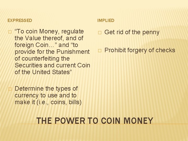 EXPRESSED � � IMPLIED “To coin Money, regulate the Value thereof, and of foreign