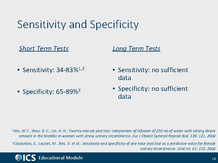 Sensitivity and Specificity Short Term Tests Long Term Tests • Sensitivity: 34 -83%1, 2