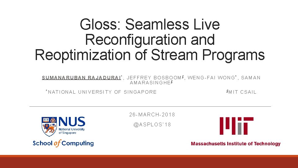 Gloss: Seamless Live Reconfiguration and Reoptimization of Stream Programs SUMANARUBAN RAJADURAI*, JEFFREY BOSBOOMʄ, WENG-FAI
