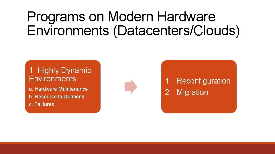 Programs on Modern Hardware Environments (Datacenters/Clouds) 1. Highly Dynamic Environments a. Hardware Maintenance b.