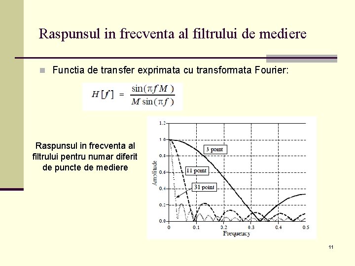 Raspunsul in frecventa al filtrului de mediere n Functia de transfer exprimata cu transformata Raspunsul in frecventa al filtrului de mediere n Functia de transfer exprimata cu transformata