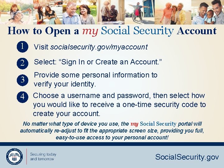 How to Open a my Social Security Account 1 Visit socialsecurity. gov/myaccount 2 Select: