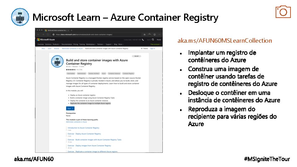 Microsoft Learn – Azure Container Registry aka. ms/AFUN 60 MSLearn. Collection 