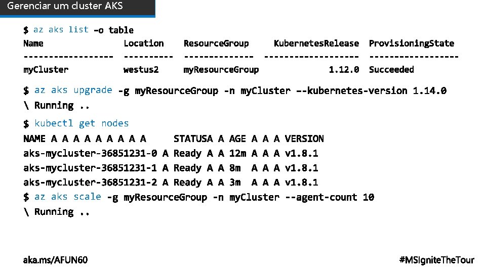 Gerenciar um cluster AKS az aks list az aks upgrade kubectl get nodes az