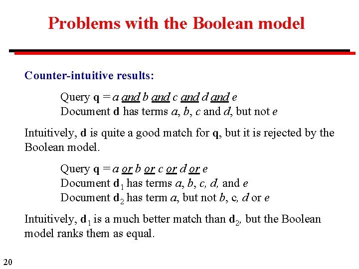 Problems with the Boolean model Counter-intuitive results: Query q = a and b and