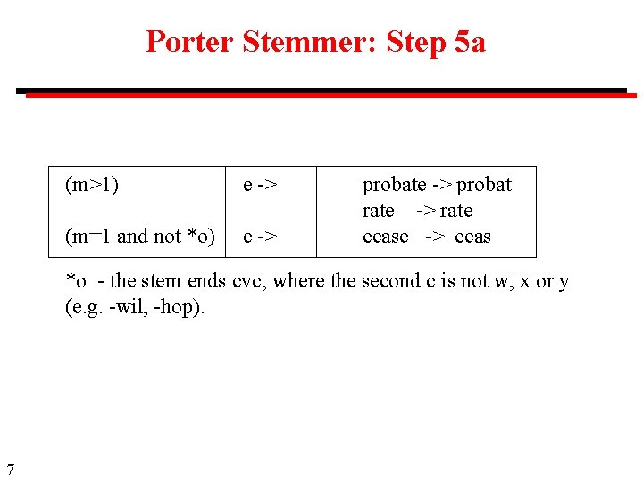 Porter Stemmer: Step 5 a (m>1) e -> (m=1 and not *o) e ->