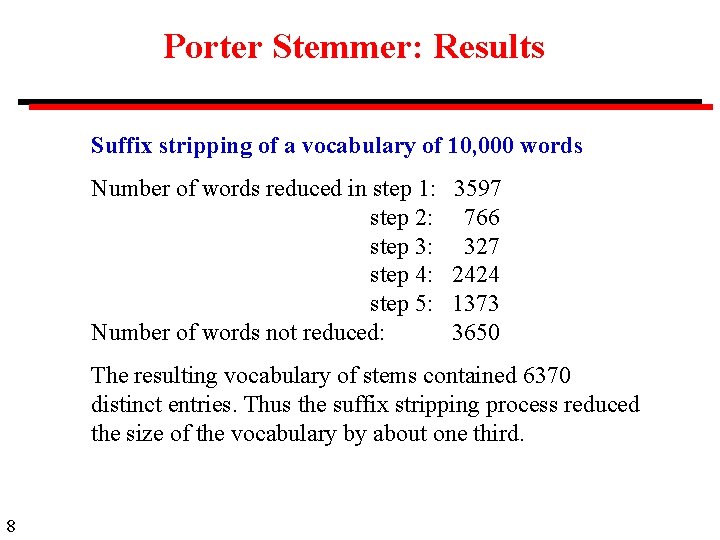 Porter Stemmer: Results Suffix stripping of a vocabulary of 10, 000 words Number of