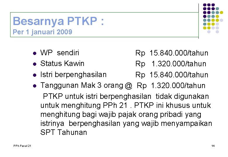 Besarnya PTKP : Per 1 januari 2009 l l PPh Pasal 21 WP sendiri Besarnya PTKP : Per 1 januari 2009 l l PPh Pasal 21 WP sendiri