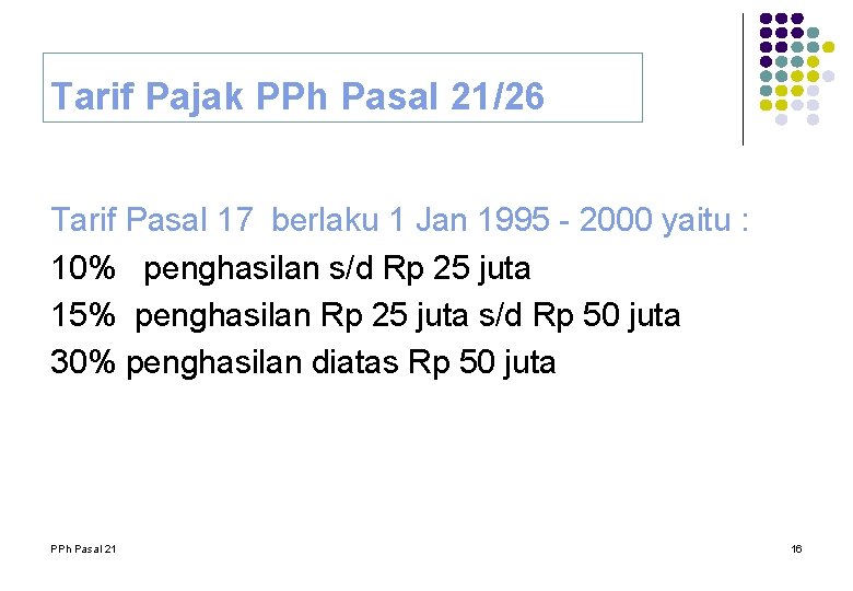 Tarif Pajak PPh Pasal 21/26 Tarif Pasal 17 berlaku 1 Jan 1995 - 2000 Tarif Pajak PPh Pasal 21/26 Tarif Pasal 17 berlaku 1 Jan 1995 - 2000