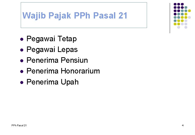 Wajib Pajak PPh Pasal 21 l l l Pegawai Tetap Pegawai Lepas Penerima Pensiun Wajib Pajak PPh Pasal 21 l l l Pegawai Tetap Pegawai Lepas Penerima Pensiun