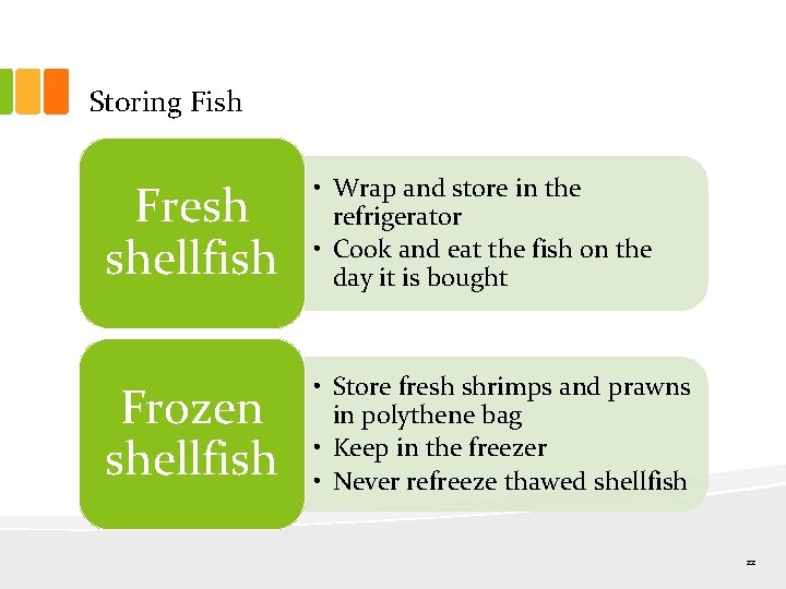 Storing Fish Fresh shellfish • Wrap and store in the refrigerator • Cook and