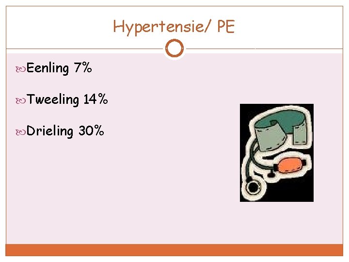 Hypertensie/ PE Eenling 7% Tweeling 14% Drieling 30% 
