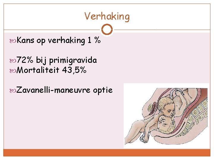 Verhaking Kans op verhaking 1 % 72% bij primigravida Mortaliteit 43, 5% Zavanelli-maneuvre optie