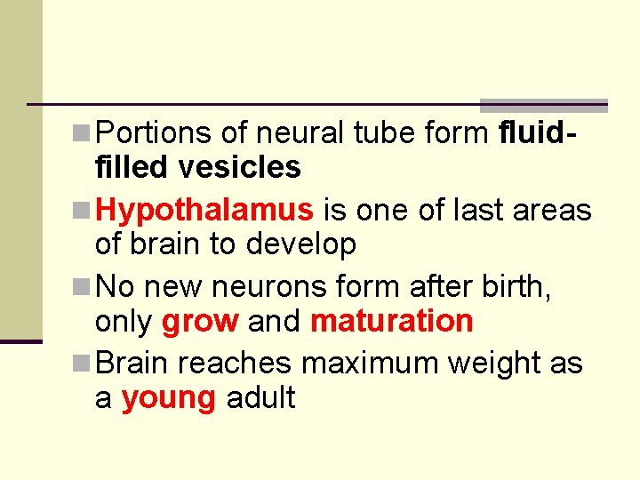 n Portions of neural tube form fluid- filled vesicles n Hypothalamus is one of