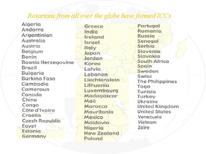 Rotarians from all over the globe have formed ICCs Rotarians from all over the globe have formed ICCs