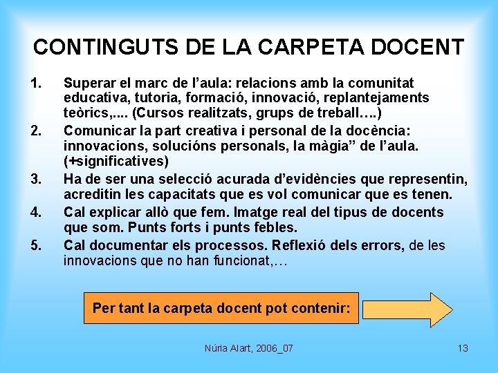 CONTINGUTS DE LA CARPETA DOCENT 1. 2. 3. 4. 5. Superar el marc de