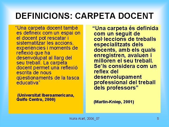 DEFINICIONS: CARPETA DOCENT “Una carpeta docent també es defineix com un espai on el