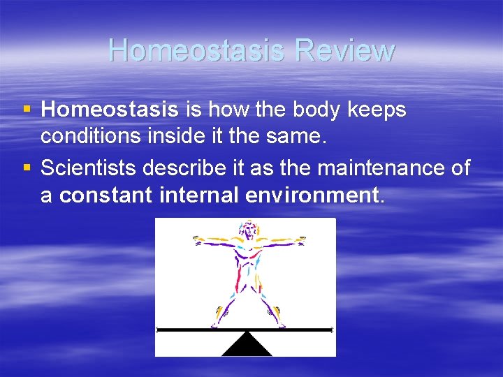 Homeostasis Review § Homeostasis is how the body keeps conditions inside it the same.
