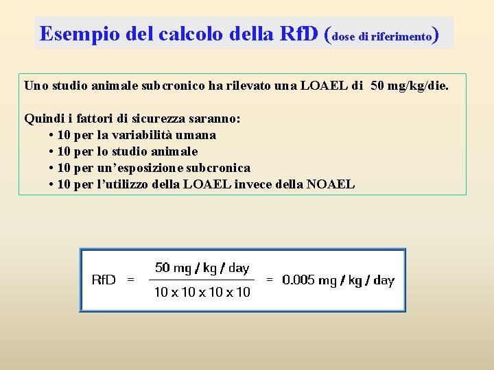 Esempio del calcolo della Rf. D (dose di riferimento) Uno studio animale subcronico ha