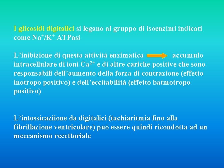 I glicosidi digitalici si legano al gruppo di isoenzimi indicati come Na+/K+ ATPasi L’inibizione