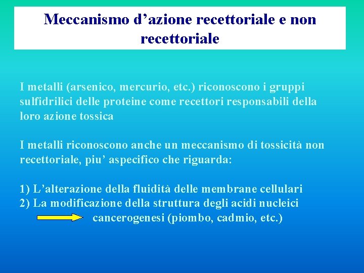 Meccanismo d’azione recettoriale e non recettoriale I metalli (arsenico, mercurio, etc. ) riconoscono i