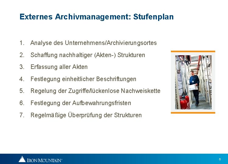 Externes Archivmanagement: Stufenplan 1. Analyse des Unternehmens/Archivierungsortes 2. Schaffung nachhaltiger (Akten-) Strukturen 3. Erfassung