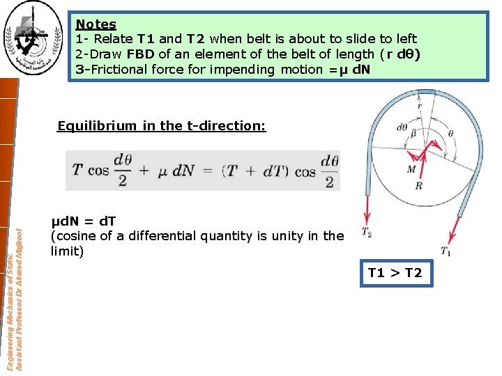 Notes 1 - Relate T 1 and T 2 when belt is about to Notes 1 - Relate T 1 and T 2 when belt is about to