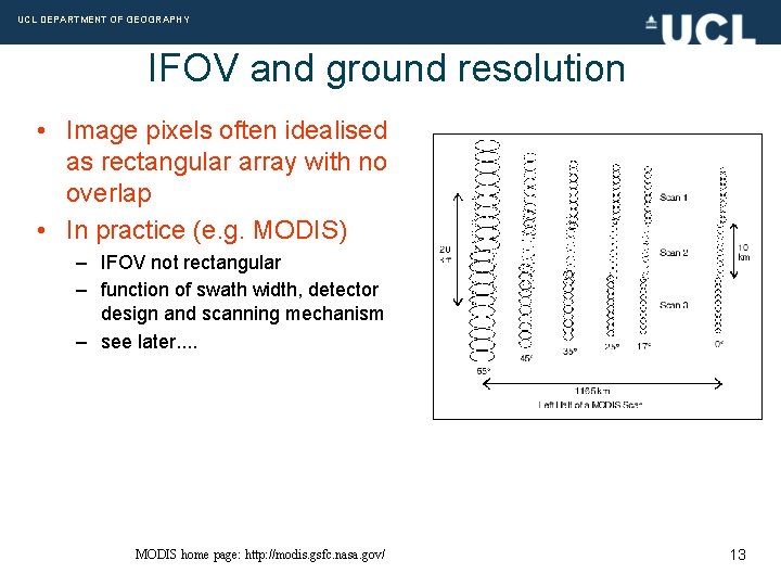 UCL DEPARTMENT OF GEOGRAPHY IFOV and ground resolution • Image pixels often idealised as