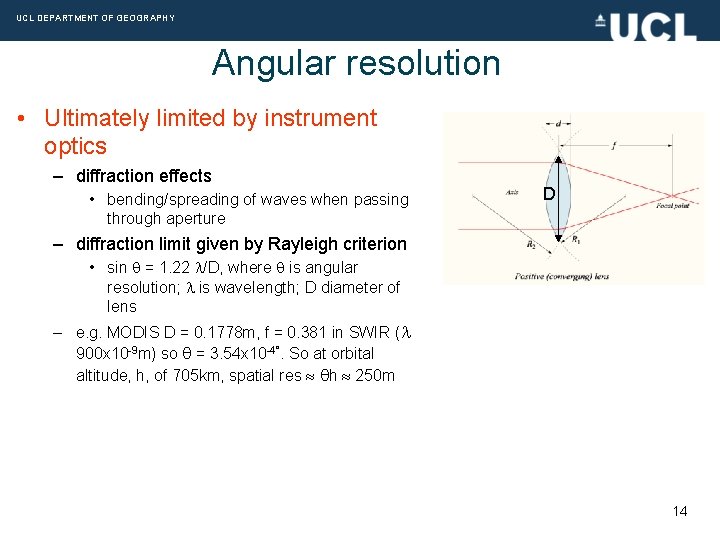 UCL DEPARTMENT OF GEOGRAPHY Angular resolution • Ultimately limited by instrument optics – diffraction