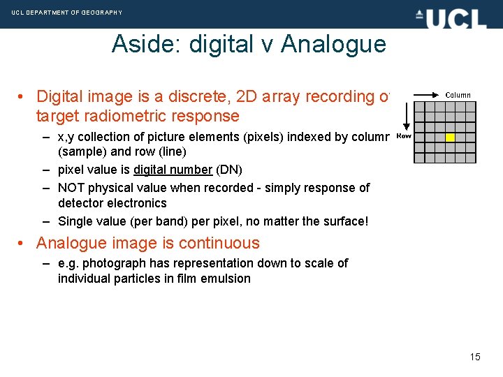 UCL DEPARTMENT OF GEOGRAPHY Aside: digital v Analogue • Digital image is a discrete,