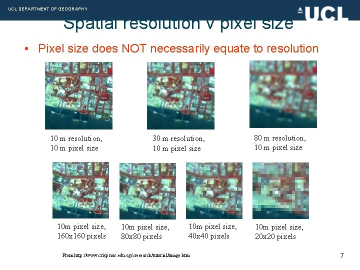 UCL DEPARTMENT OF GEOGRAPHY Spatial resolution v pixel size • Pixel size does NOT