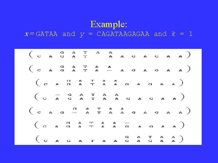 Example: x = GATAA and y = CAGATAAGAGAA and k = 1 