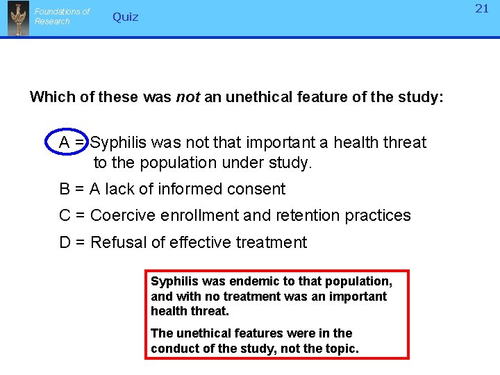 Foundations of Research 21 Quiz Which of these was not an unethical feature of