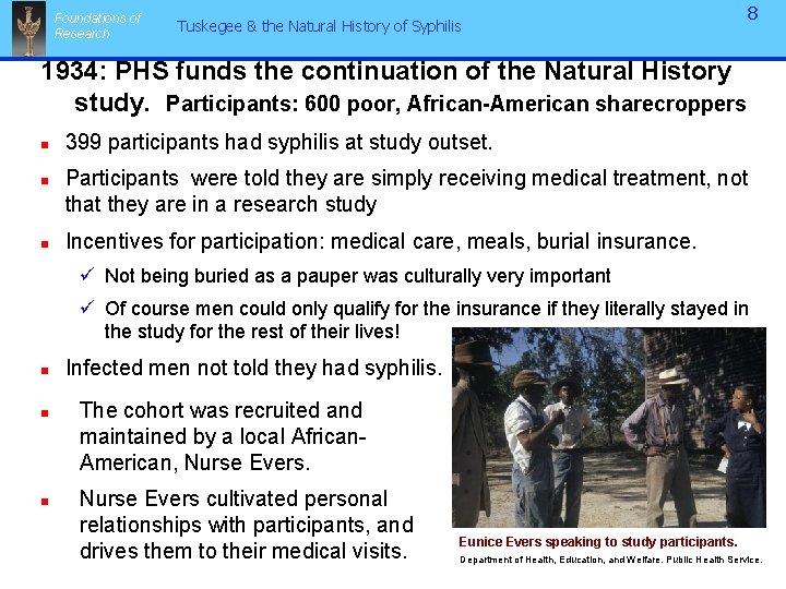Foundations of Research Tuskegee & the Natural History of Syphilis 8 1934: PHS funds