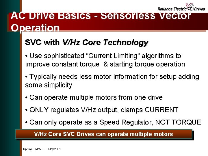 AC Drive Basics - Sensorless Vector Operation SVC with V/Hz Core Technology • Use