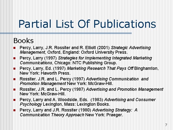 Partial List Of Publications Books n n n n Percy, Larry, J. R. Rossiter