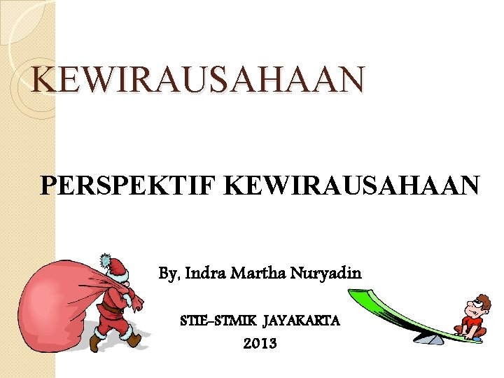 KEWIRAUSAHAAN PERSPEKTIF KEWIRAUSAHAAN By, Indra Martha Nuryadin STIE-STMIK JAYAKARTA 2013 