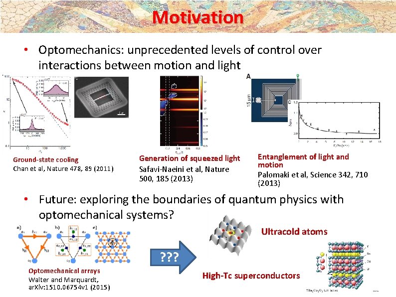Motivation • Optomechanics: unprecedented levels of control over interactions between motion and light Ground-state Motivation • Optomechanics: unprecedented levels of control over interactions between motion and light Ground-state