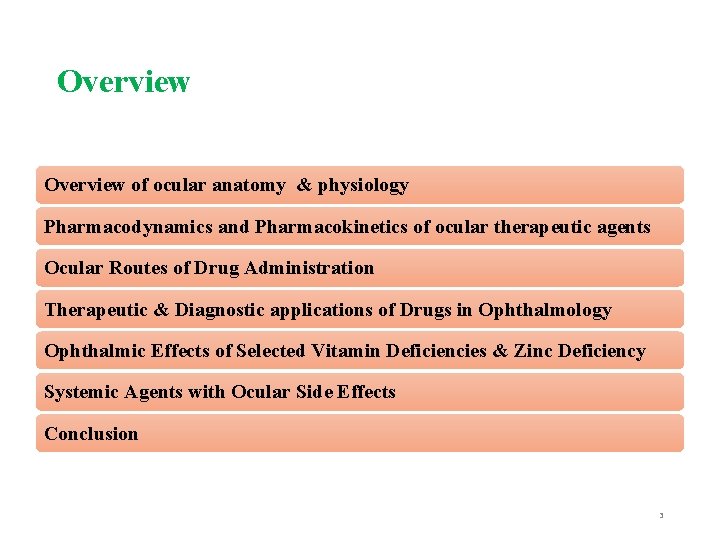 Overview of ocular anatomy & physiology Pharmacodynamics and Pharmacokinetics of ocular therapeutic agents Ocular